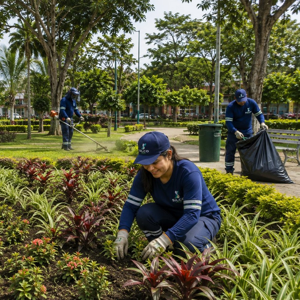 Cuadrilla de Silco embelleciendo un parque en Bucaramanga